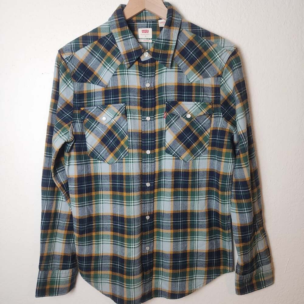 Levi's Flannel Shirt Mens Small Blue Green Plaid Western Long Sleeve Cotton